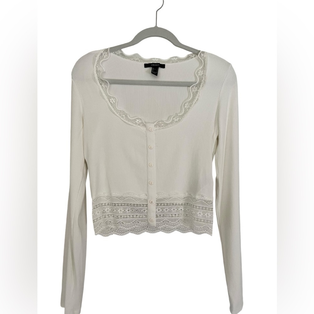 Forever 21 Women's Cropped Knit Lace Cardigan White Size Large
